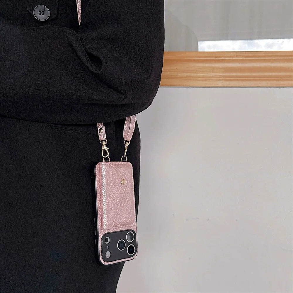 Luxury iPhone Case — Crossbody Leather Wallet Cover with Card Holder, Protective Anti-Scratch Design and Adjustable Lanyard Strap