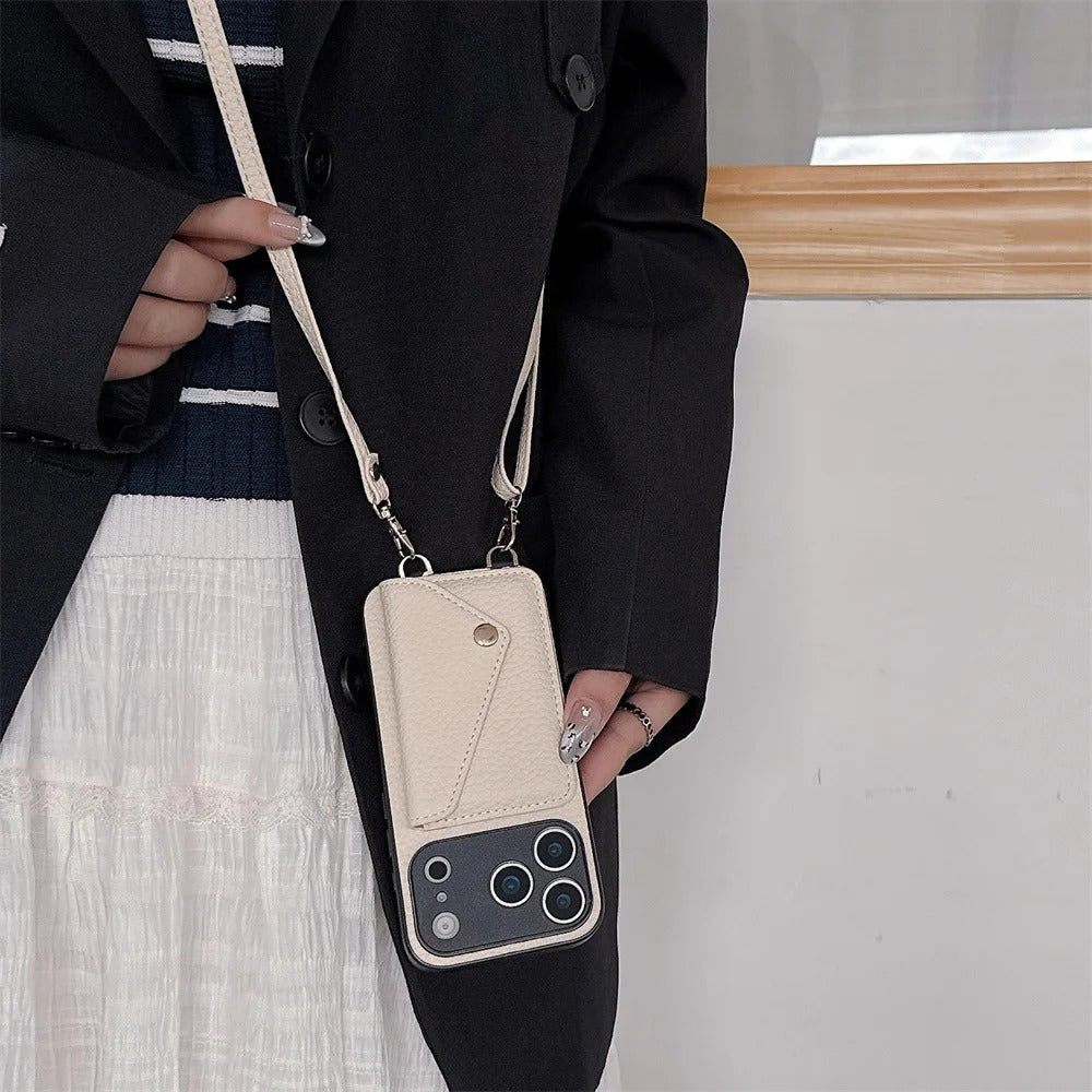 Luxury iPhone Case — Crossbody Leather Wallet Cover with Card Holder, Protective Anti-Scratch Design and Adjustable Lanyard Strap