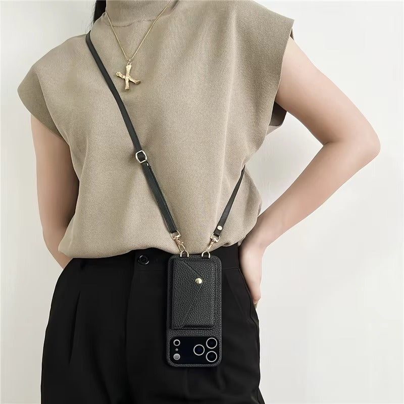 Luxury iPhone Case — Crossbody Leather Wallet Cover with Card Holder, Protective Anti-Scratch Design and Adjustable Lanyard Strap