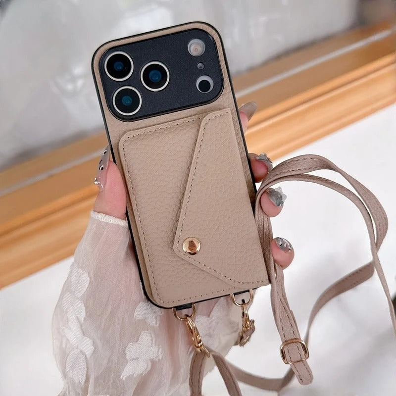 Luxury iPhone Case — Crossbody Leather Wallet Cover with Card Holder, Protective Anti-Scratch Design and Adjustable Lanyard Strap