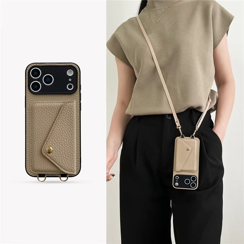 Luxury iPhone Case — Crossbody Leather Wallet Cover with Card Holder, Protective Anti-Scratch Design and Adjustable Lanyard Strap