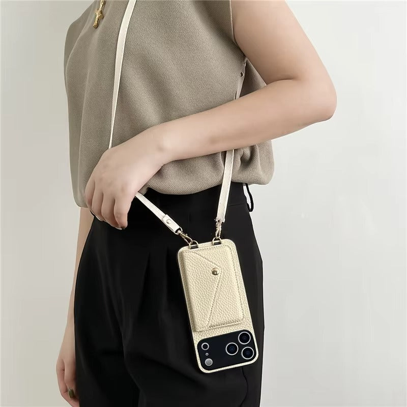 Luxury iPhone Case — Crossbody Leather Wallet Cover with Card Holder, Protective Anti-Scratch Design and Adjustable Lanyard Strap