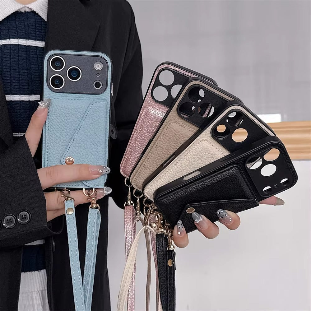 Luxury iPhone Case — Crossbody Leather Wallet Cover with Card Holder, Protective Anti-Scratch Design and Adjustable Lanyard Strap