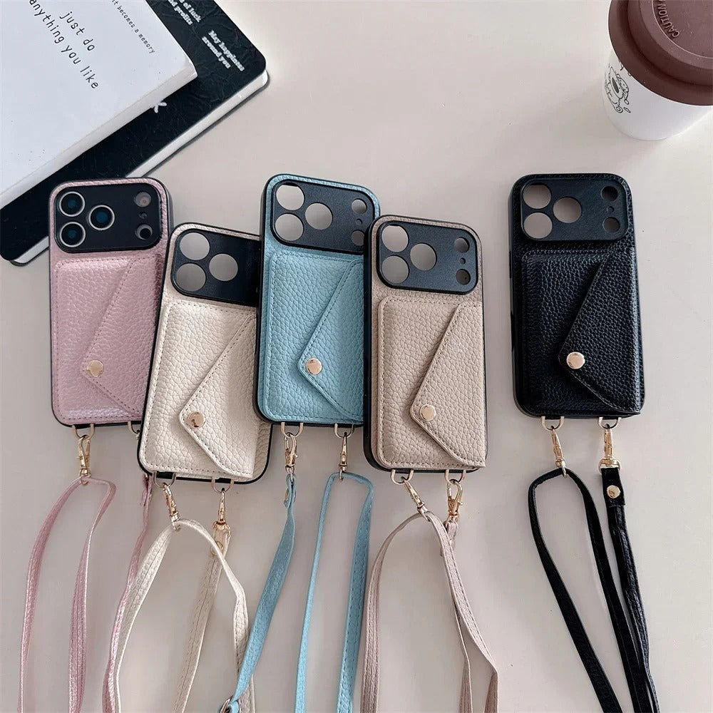 Luxury iPhone Case — Crossbody Leather Wallet Cover with Card Holder, Protective Anti-Scratch Design and Adjustable Lanyard Strap