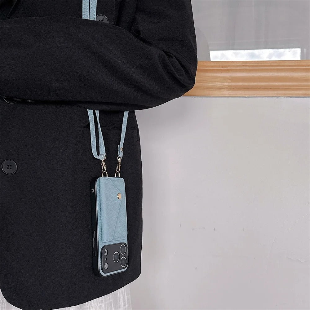 Luxury iPhone Case — Crossbody Leather Wallet Cover with Card Holder, Protective Anti-Scratch Design and Adjustable Lanyard Strap