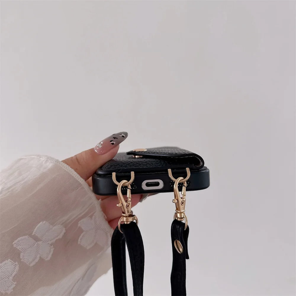 Luxury iPhone Case — Crossbody Leather Wallet Cover with Card Holder, Protective Anti-Scratch Design and Adjustable Lanyard Strap