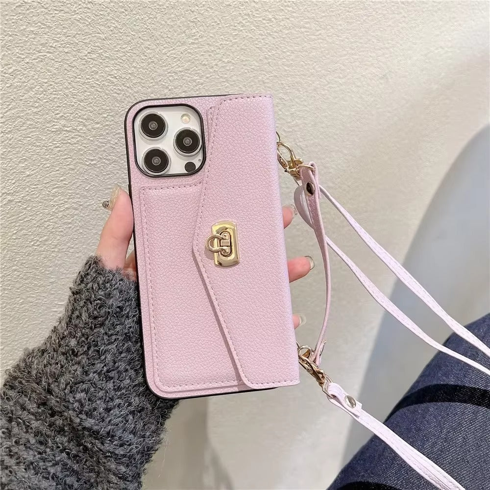 Luxury iPhone Case — Crossbody Leather Wallet Cover with Shoulder Strap, Card Pocket, Anti-Fingerprint Non-Slip Design and Lanyard
