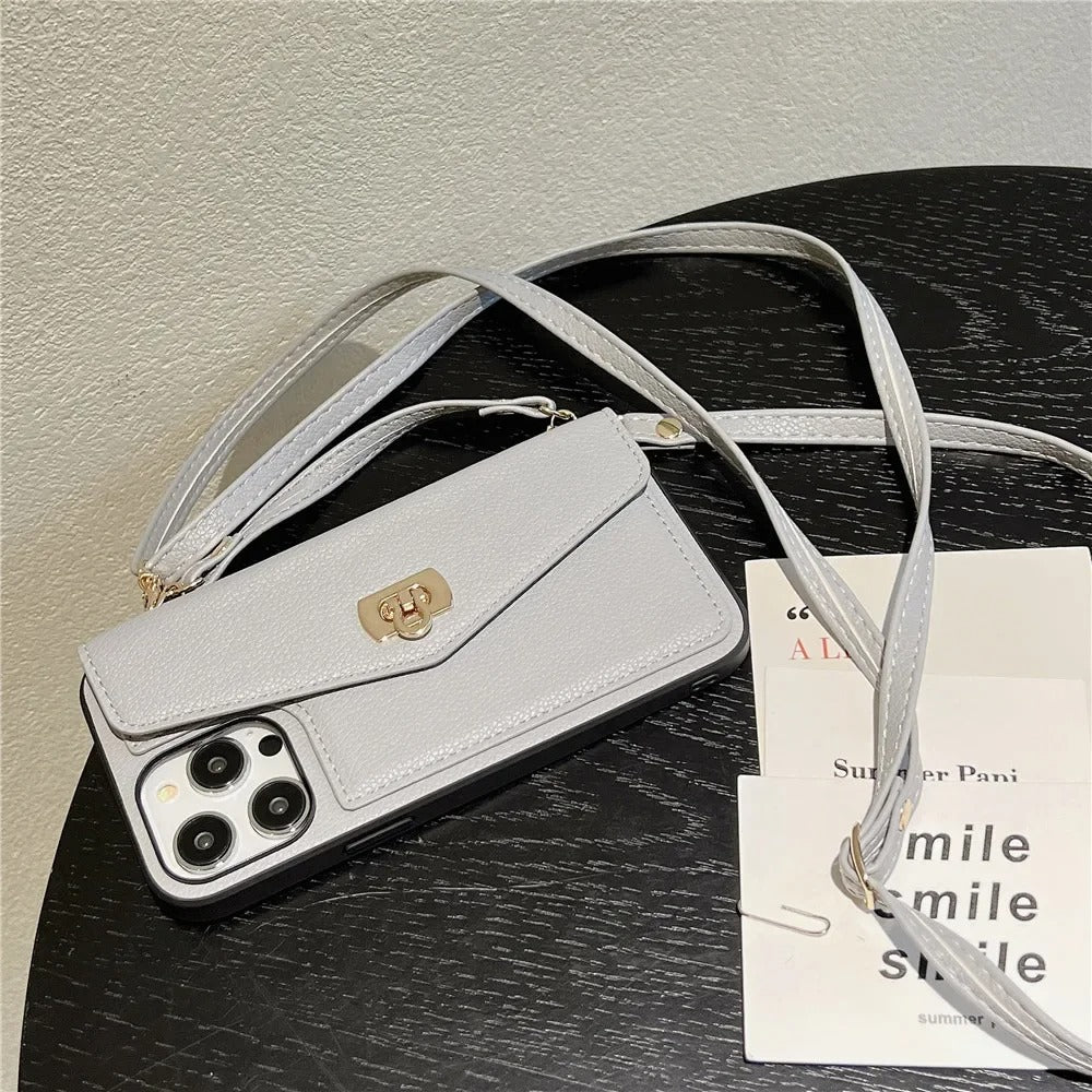 Luxury iPhone Case — Crossbody Leather Wallet Cover with Shoulder Strap, Card Pocket, Anti-Fingerprint Non-Slip Design and Lanyard