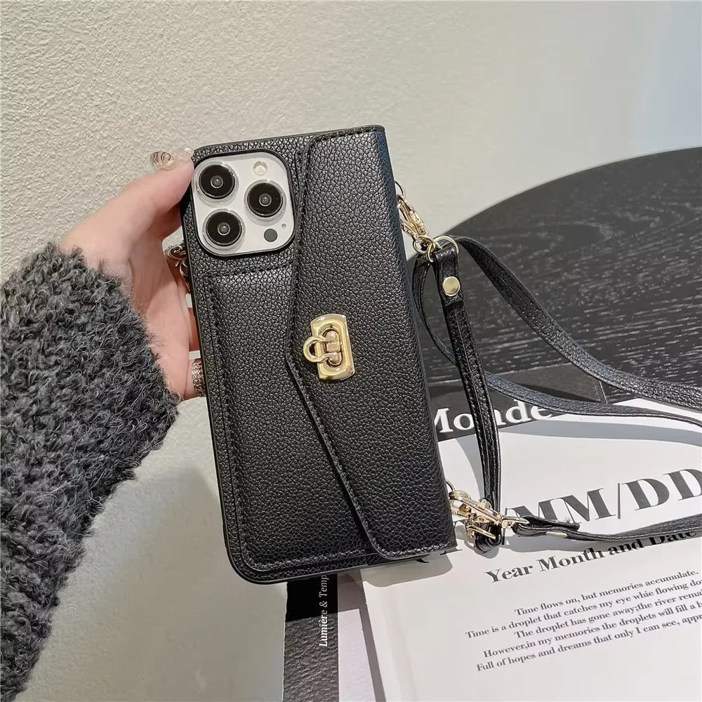 Luxury iPhone Case — Crossbody Leather Wallet Cover with Shoulder Strap, Card Pocket, Anti-Fingerprint Non-Slip Design and Lanyard