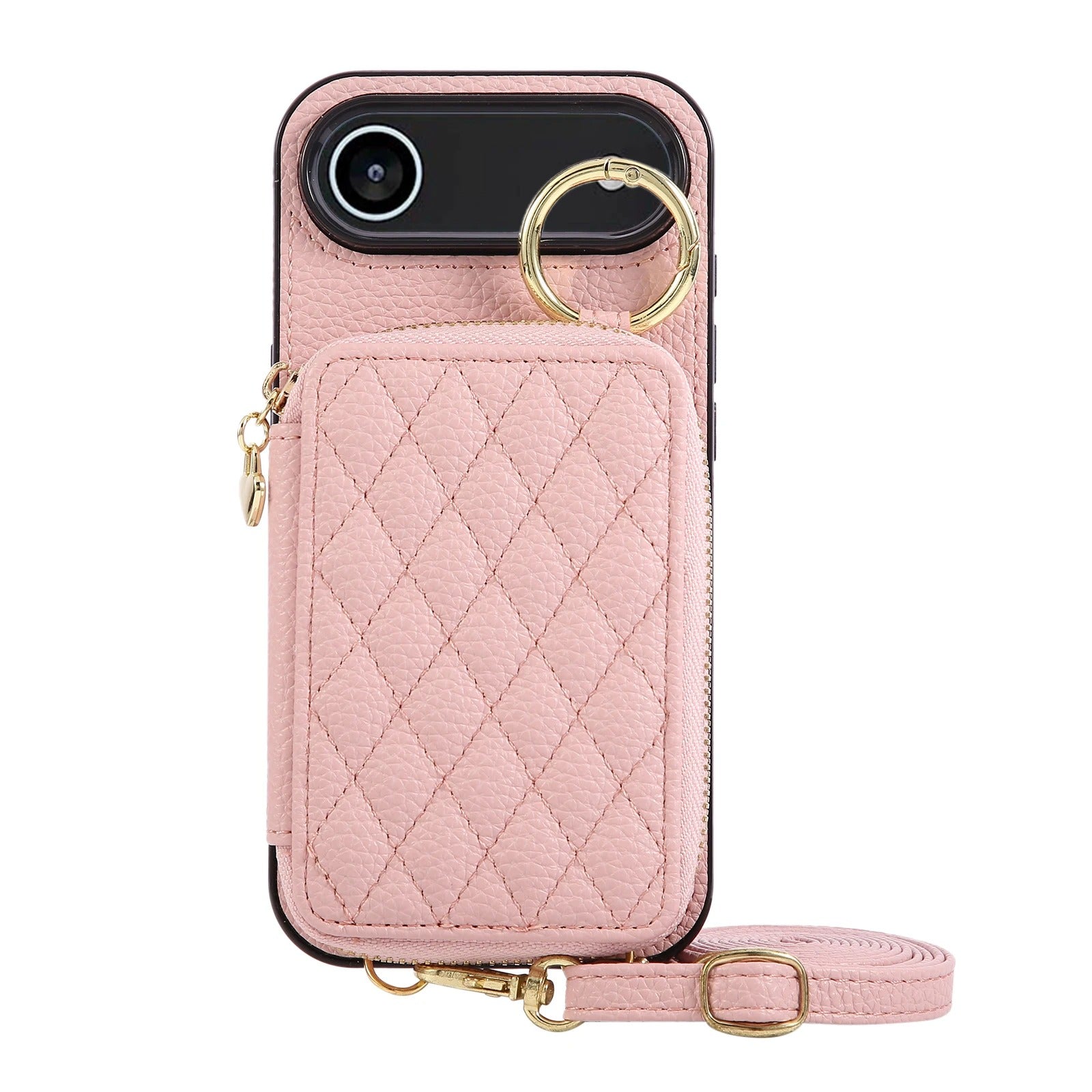 Luxury iPhone Case — Crossbody Leather Wallet Cover with Zipper Card Bag, Lanyard Strap and Grid-Pattern Ring Holder Design