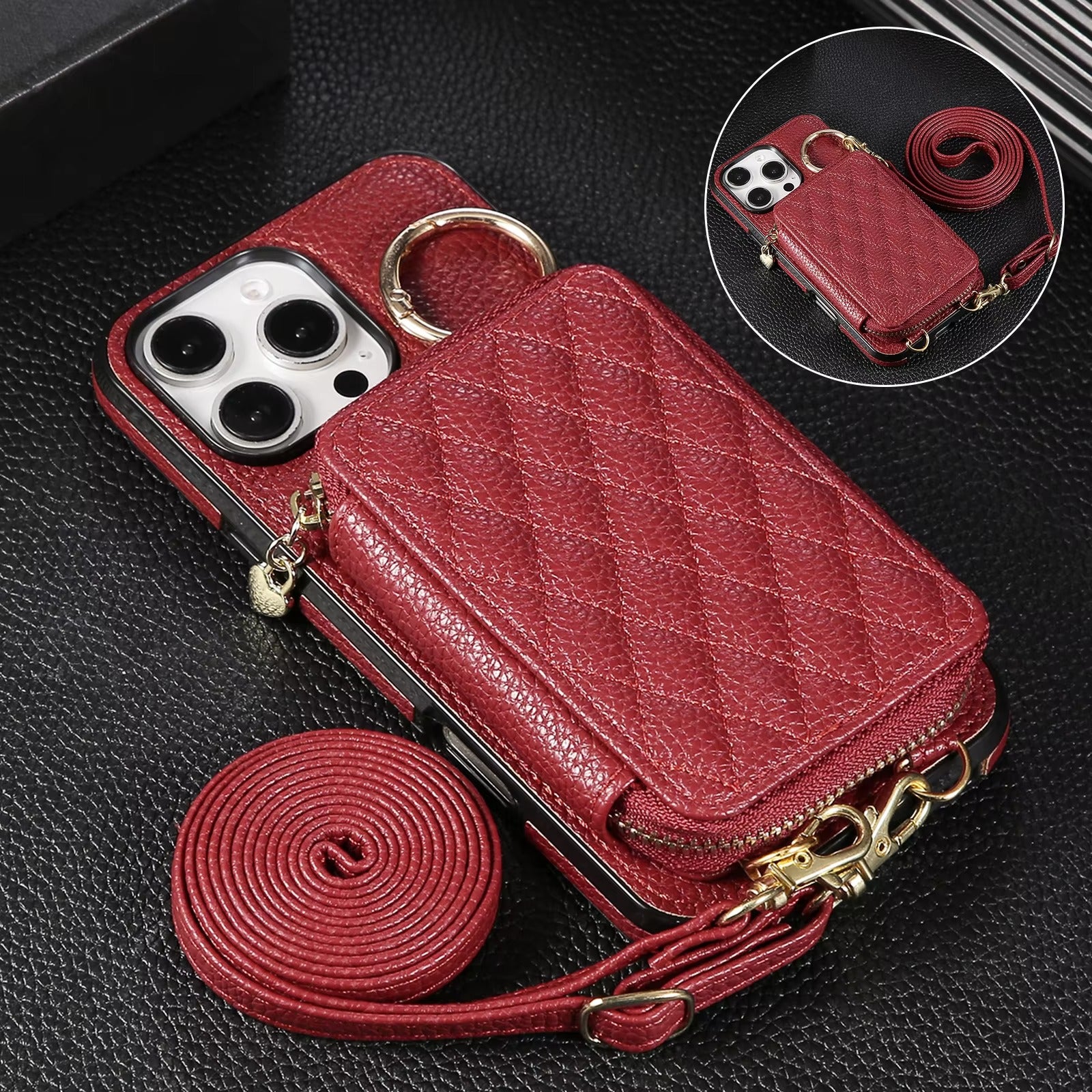 Luxury iPhone Case — Crossbody Leather Wallet Cover with Zipper Card Bag, Lanyard Strap and Grid-Pattern Ring Holder Design
