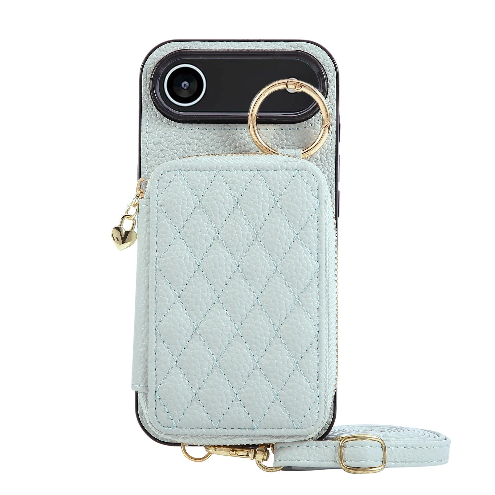Luxury iPhone Case — Crossbody Leather Wallet Cover with Zipper Card Bag, Lanyard Strap and Grid-Pattern Ring Holder Design