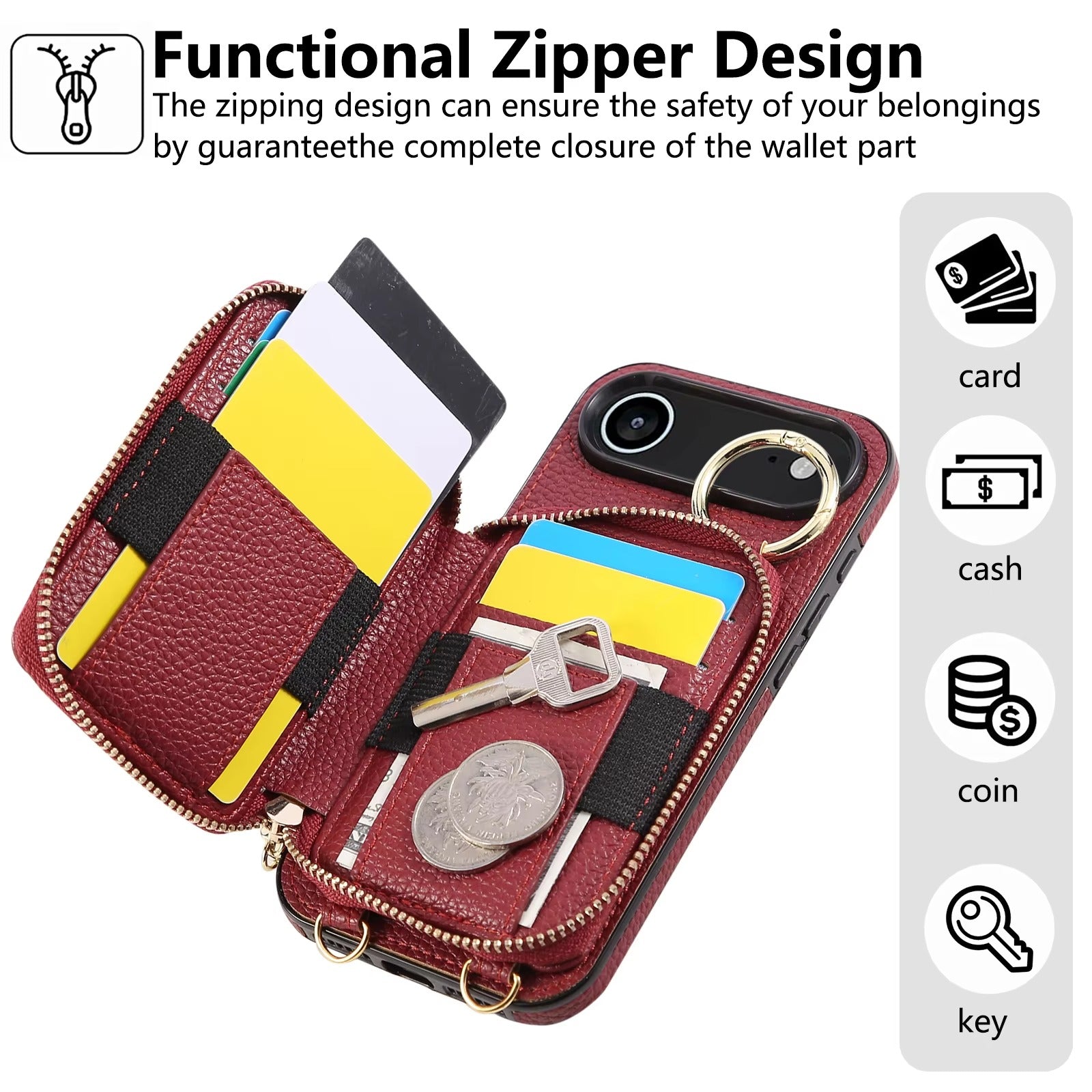 Luxury iPhone Case — Crossbody Leather Wallet Cover with Zipper Card Bag, Lanyard Strap and Grid-Pattern Ring Holder Design