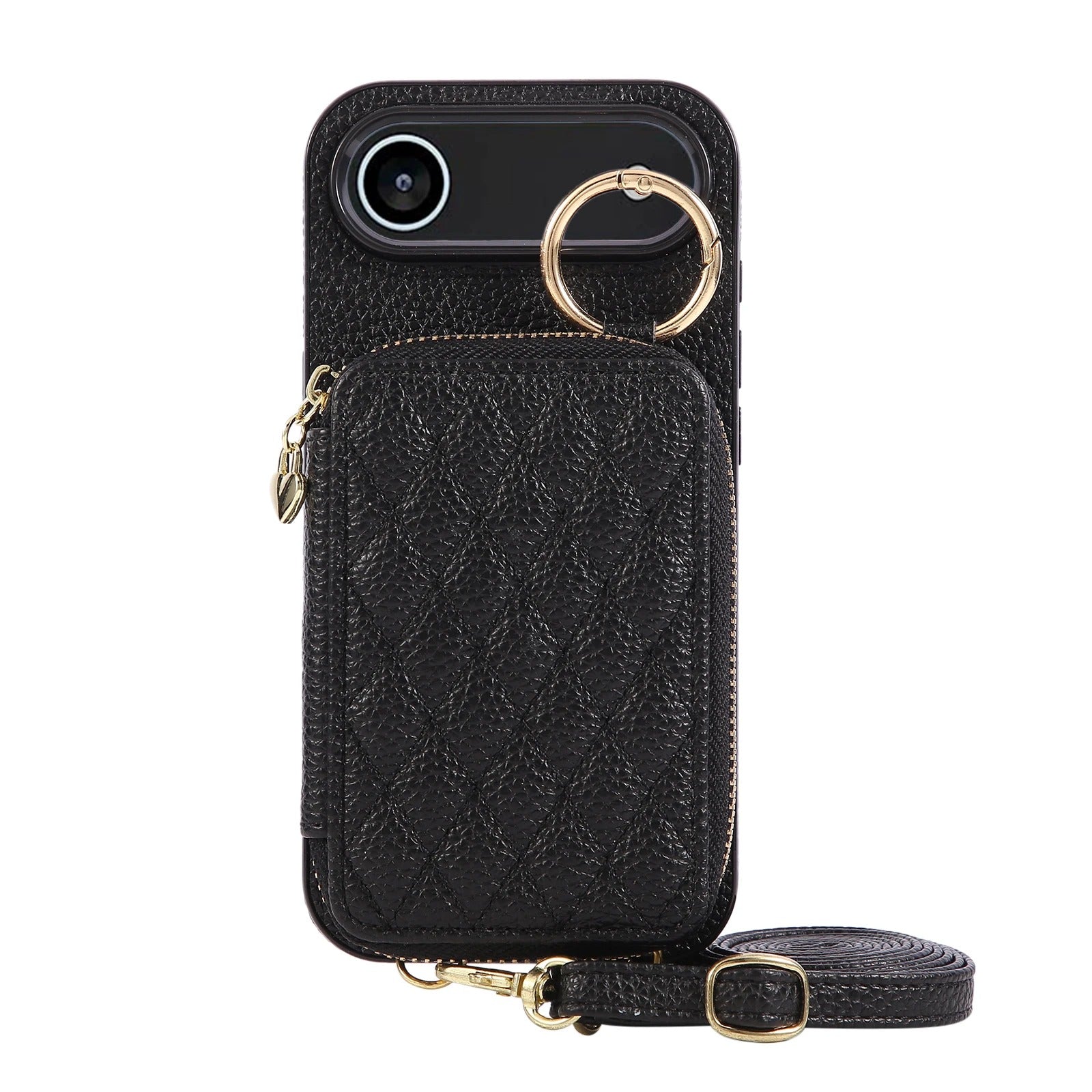 Luxury iPhone Case — Crossbody Leather Wallet Cover with Zipper Card Bag, Lanyard Strap and Grid-Pattern Ring Holder Design