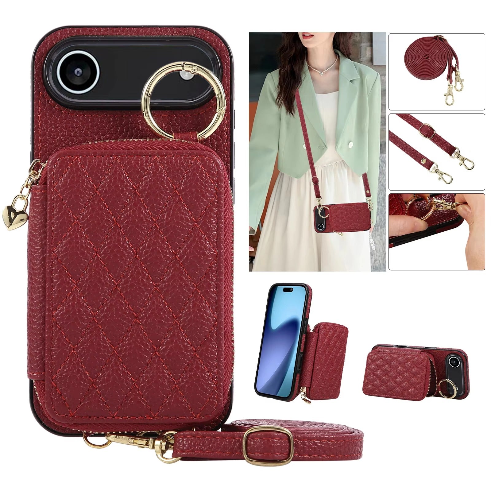 Luxury iPhone Case — Crossbody Leather Wallet Cover with Zipper Card Bag, Lanyard Strap and Grid-Pattern Ring Holder Design
