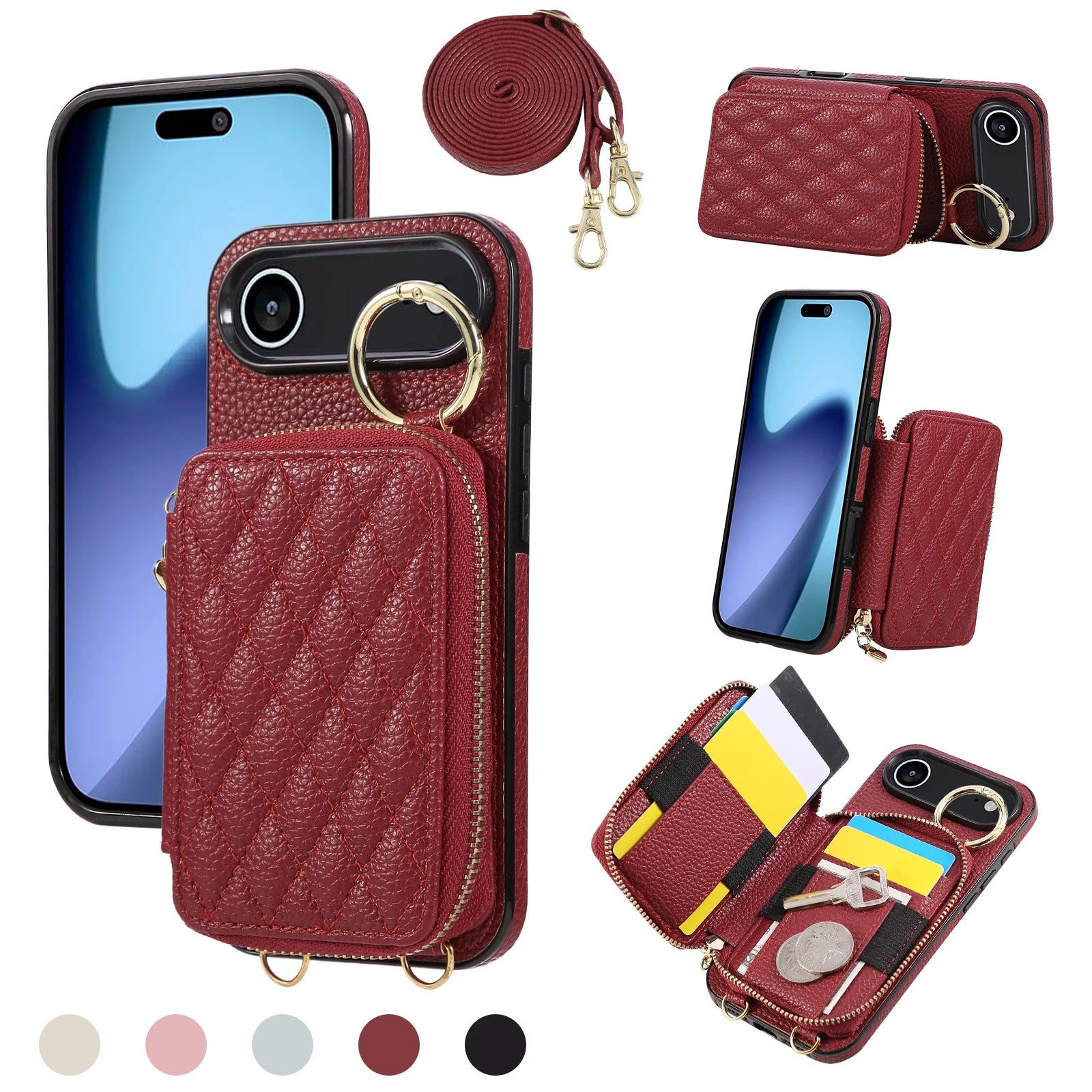 Luxury iPhone Case — Crossbody Leather Wallet Cover with Zipper Card Bag, Lanyard Strap and Grid-Pattern Ring Holder Design