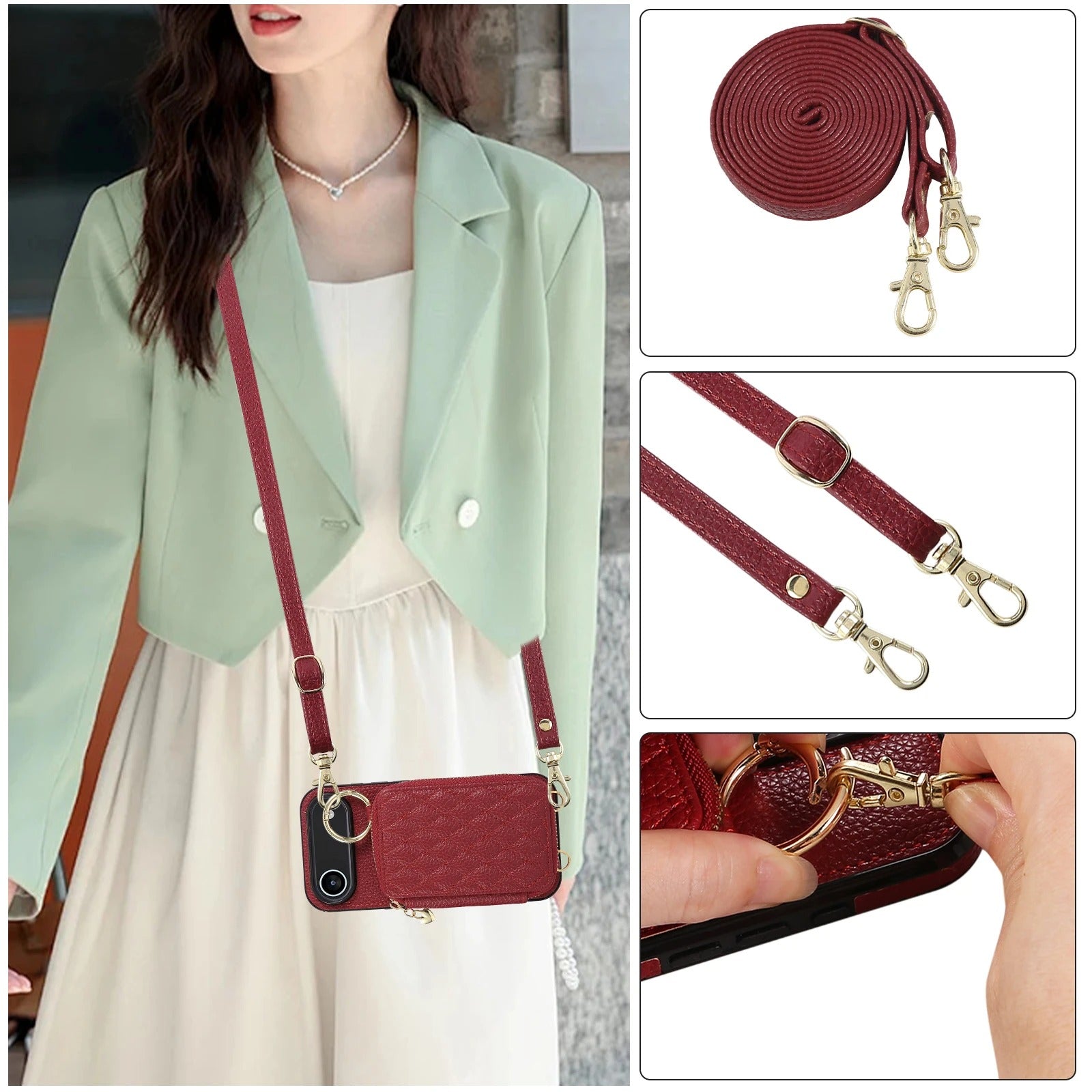 Luxury iPhone Case — Crossbody Leather Wallet Cover with Zipper Card Bag, Lanyard Strap and Grid-Pattern Ring Holder Design