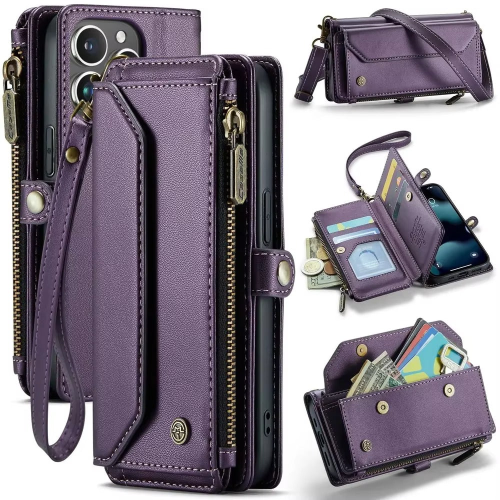 Luxury iPhone Case — RFID-Blocking PU Leather Wallet Cover with 7-Card Holder, Zipper Bill Compartment and Wristlet Shoulder Strap Design
