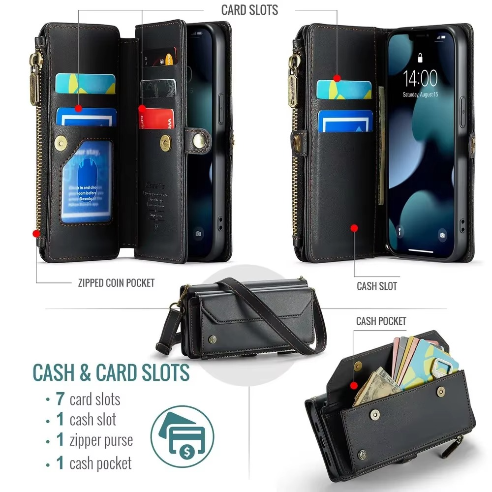 Luxury iPhone Case — RFID-Blocking PU Leather Wallet Cover with 7-Card Holder, Zipper Bill Compartment and Wristlet Shoulder Strap Design