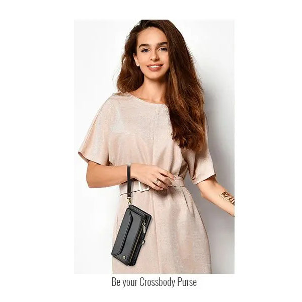 Luxury iPhone Case — RFID-Blocking PU Leather Wallet Cover with 7-Card Holder, Zipper Bill Compartment and Wristlet Shoulder Strap Design