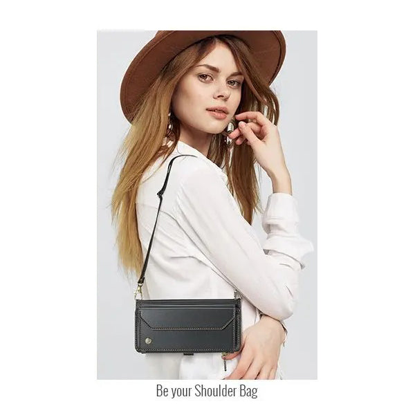 Luxury iPhone Case — RFID-Blocking PU Leather Wallet Cover with 7-Card Holder, Zipper Bill Compartment and Wristlet Shoulder Strap Design