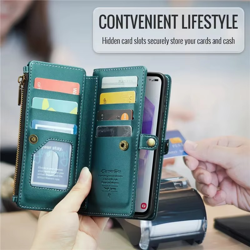Luxury iPhone Case — RFID-Blocking PU Leather Wallet Cover with 7-Card Holder, Zipper Bill Compartment and Wristlet Shoulder Strap Design
