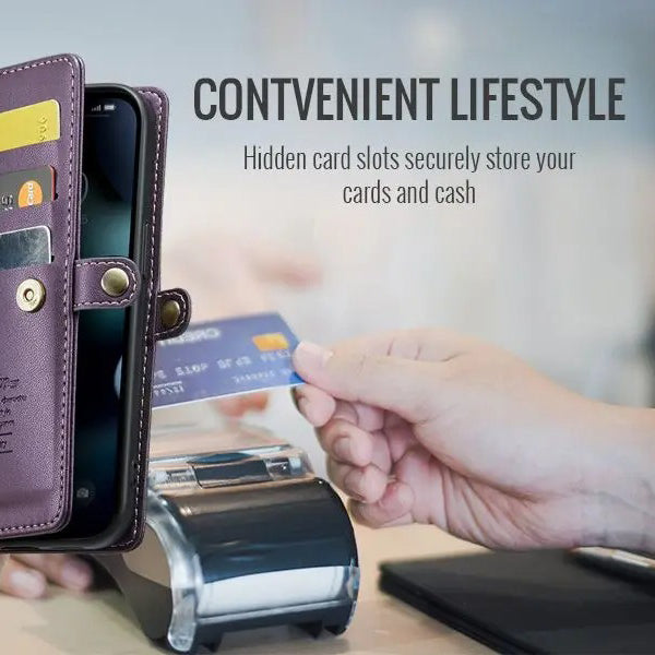 Luxury iPhone Case — RFID-Blocking PU Leather Wallet Cover with 7-Card Holder, Zipper Bill Compartment and Wristlet Shoulder Strap Design