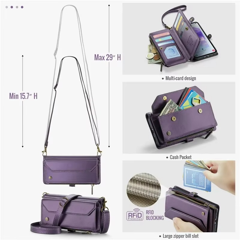 Luxury iPhone Case — RFID-Blocking PU Leather Wallet Cover with 7-Card Holder, Zipper Bill Compartment and Wristlet Shoulder Strap Design