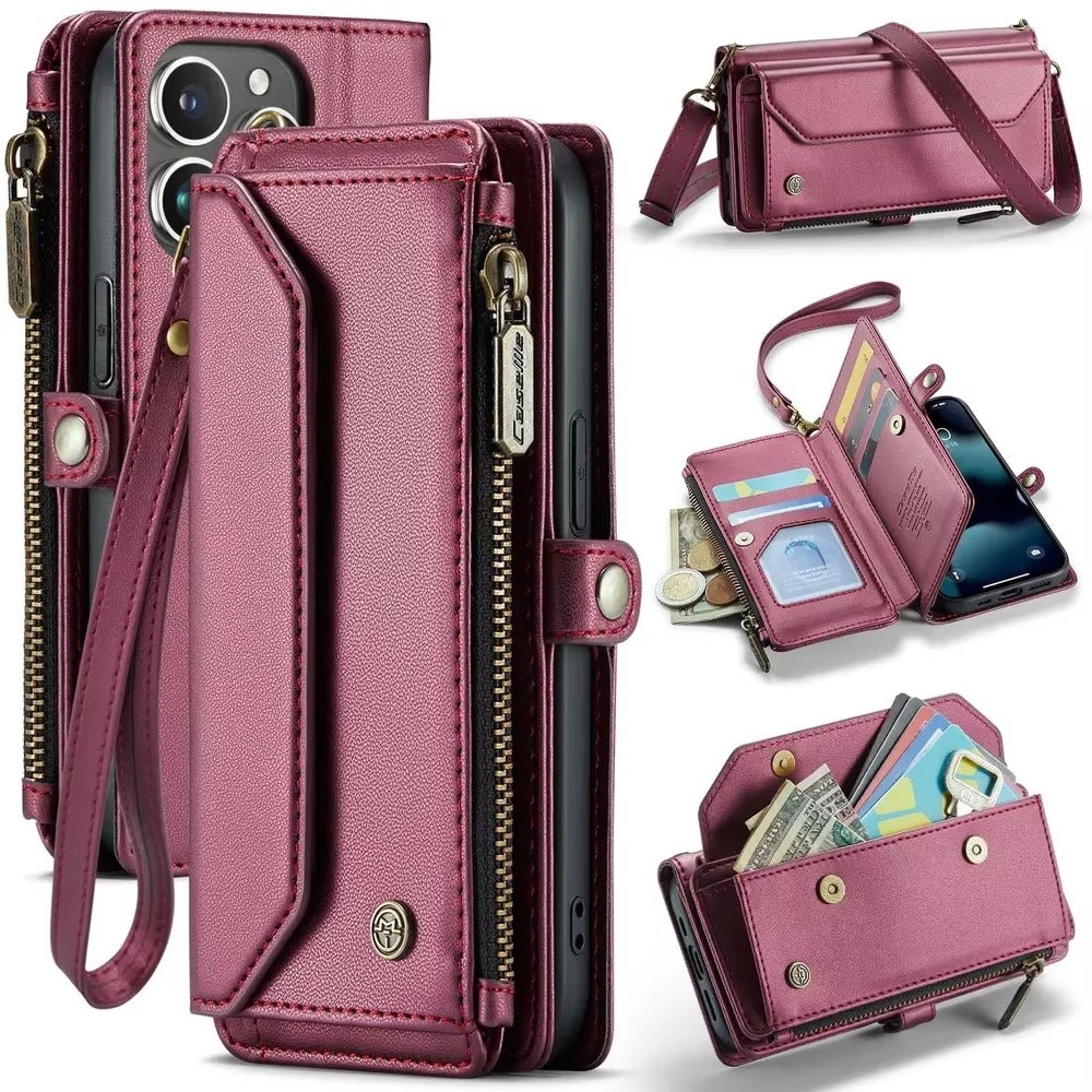 Luxury iPhone Case — RFID-Blocking PU Leather Wallet Cover with 7-Card Holder, Zipper Bill Compartment and Wristlet Shoulder Strap Design