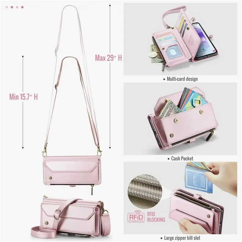 Luxury iPhone Case — RFID-Blocking PU Leather Wallet Cover with 7-Card Holder, Zipper Bill Compartment and Wristlet Shoulder Strap Design