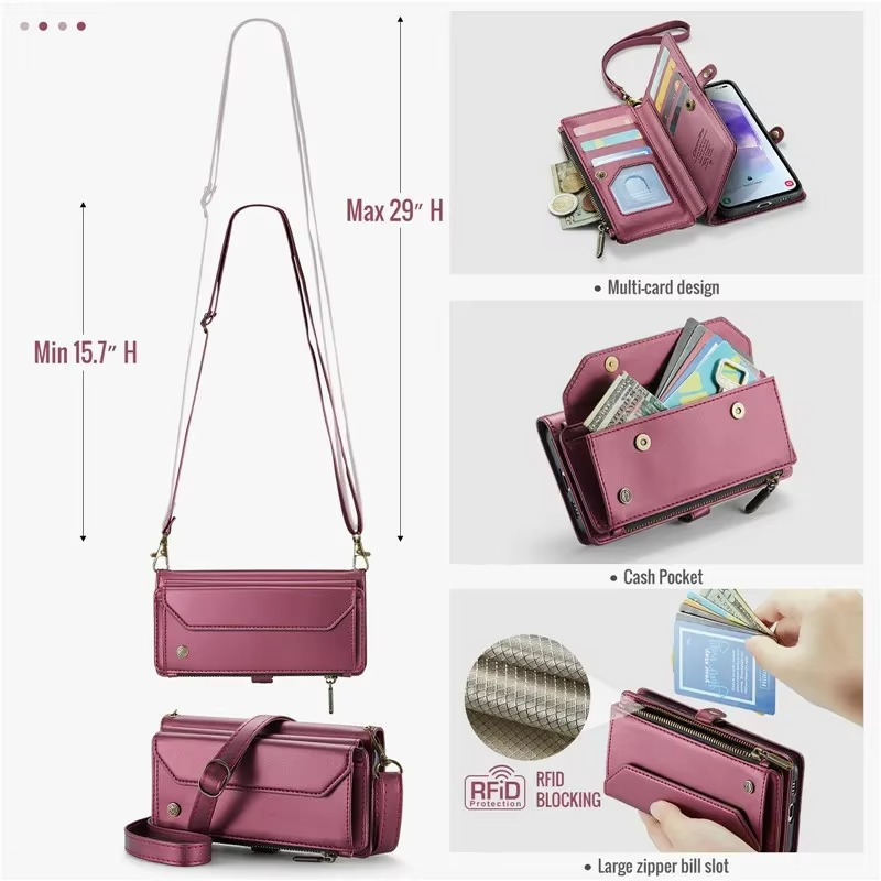 Luxury iPhone Case — RFID-Blocking PU Leather Wallet Cover with 7-Card Holder, Zipper Bill Compartment and Wristlet Shoulder Strap Design