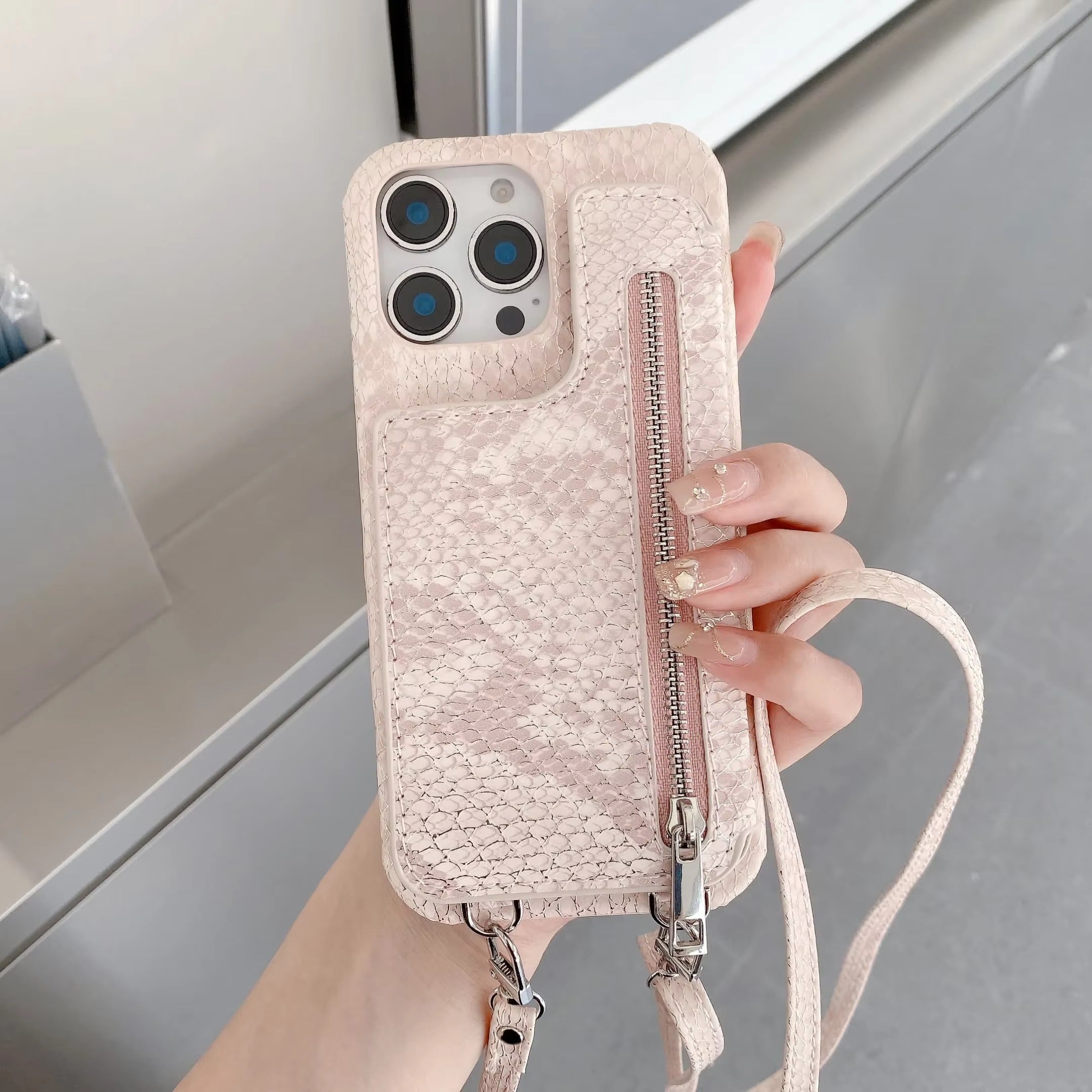 Luxury iPhone Case — Crossbody Makeup-Mirror Wallet Cover with Zipper Card Pocket, Shockproof Non-Slip PU Leather + PC/TPU Design