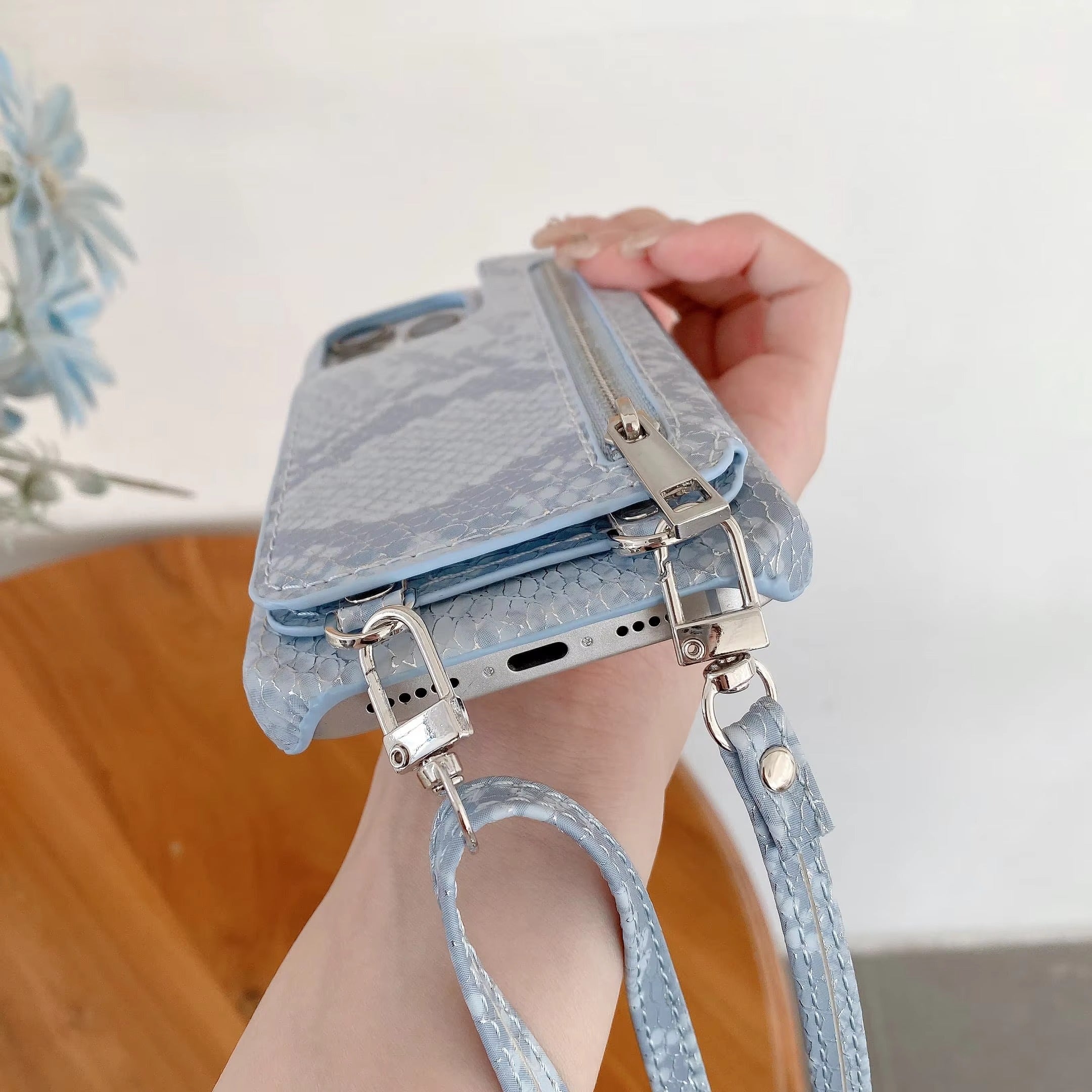 Luxury iPhone Case — Crossbody Makeup-Mirror Wallet Cover with Zipper Card Pocket, Shockproof Non-Slip PU Leather + PC/TPU Design