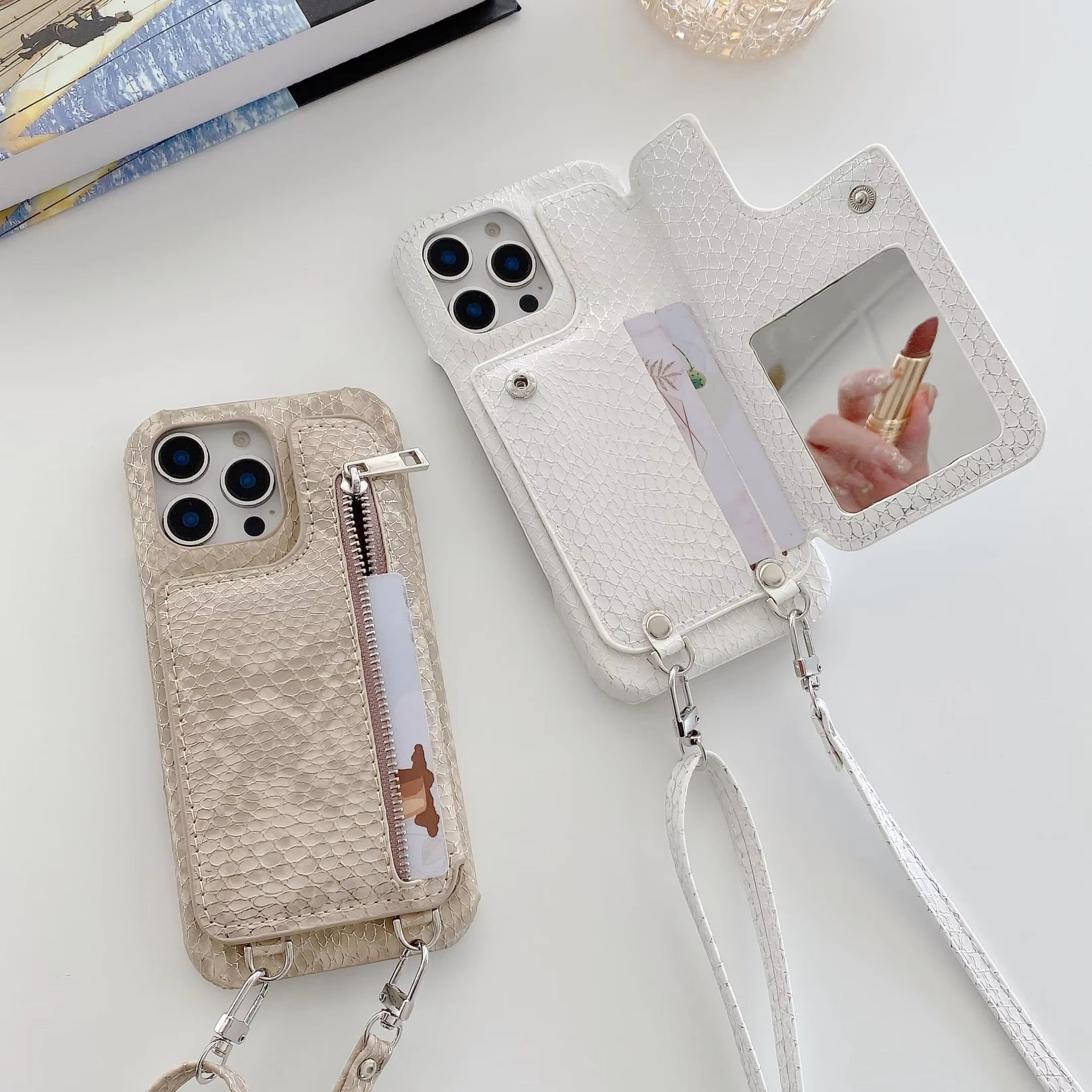 Luxury iPhone Case — Crossbody Makeup-Mirror Wallet Cover with Zipper Card Pocket, Shockproof Non-Slip PU Leather + PC/TPU Design