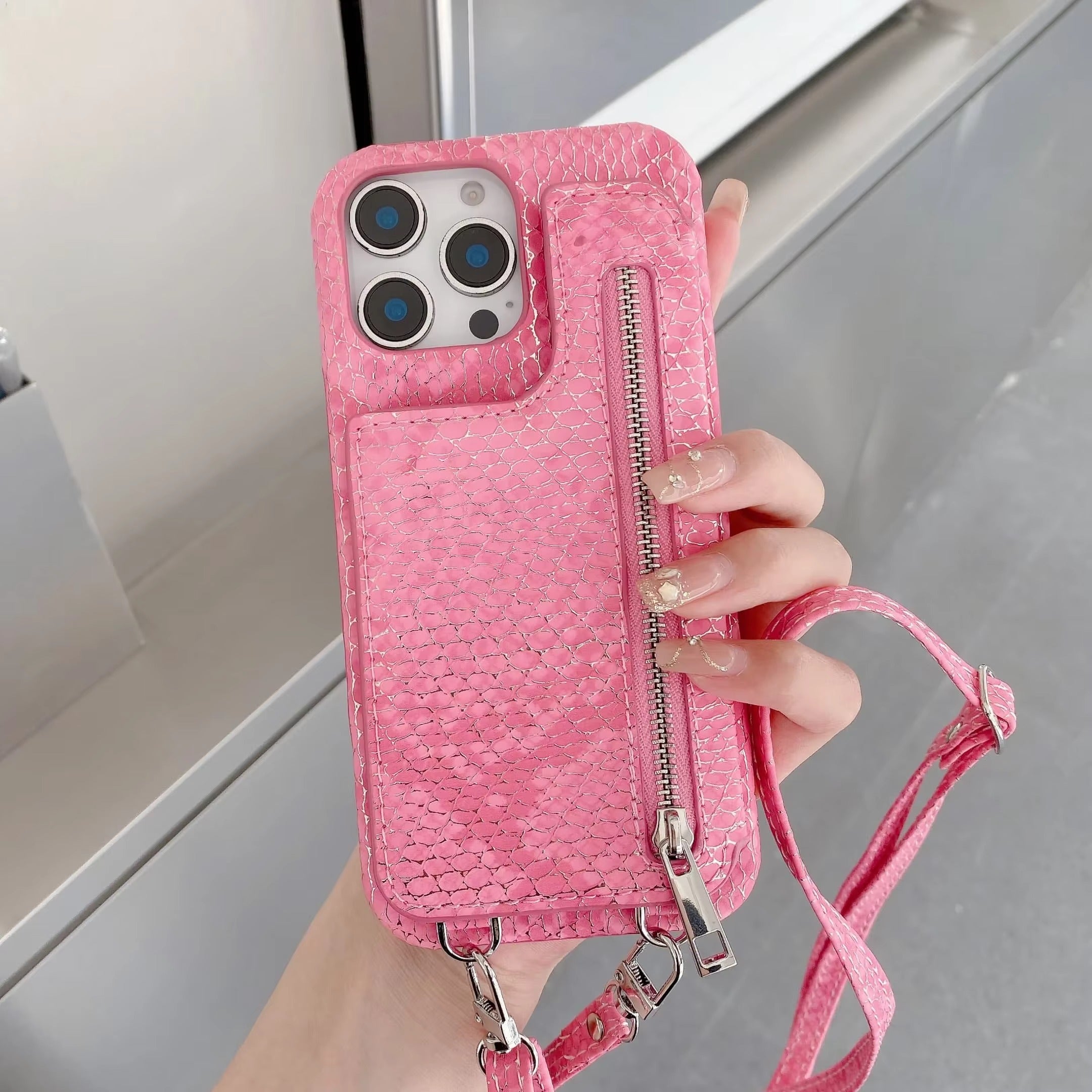 Luxury iPhone Case — Crossbody Makeup-Mirror Wallet Cover with Zipper Card Pocket, Shockproof Non-Slip PU Leather + PC/TPU Design
