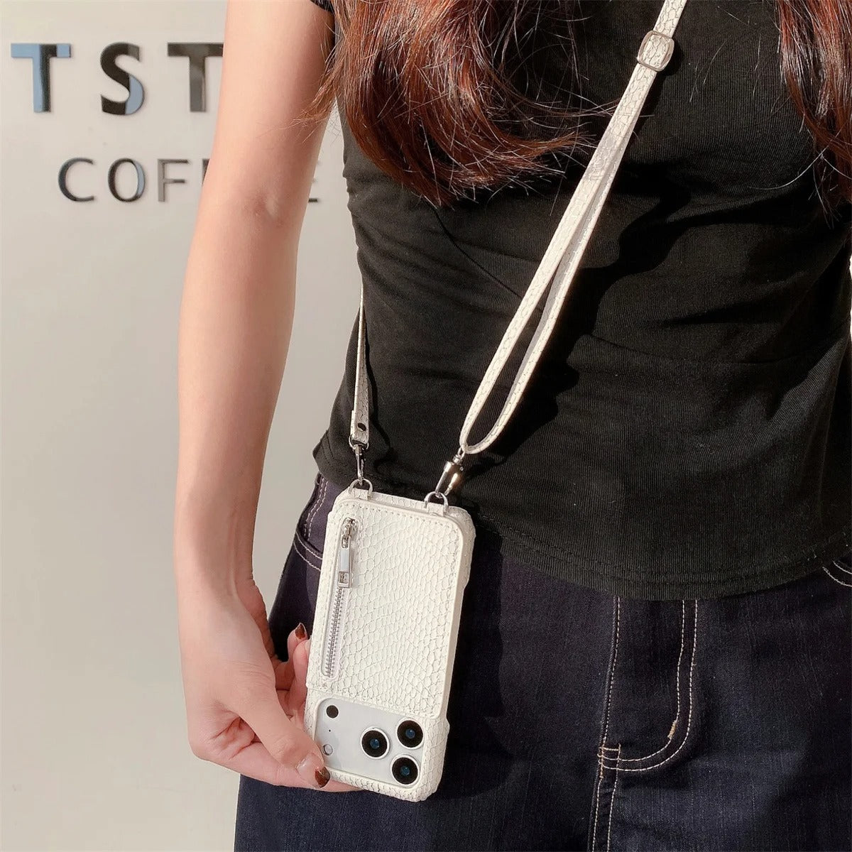 Luxury iPhone Case — Crossbody Makeup-Mirror Wallet Cover with Zipper Card Pocket, Shockproof Non-Slip PU Leather + PC/TPU Design