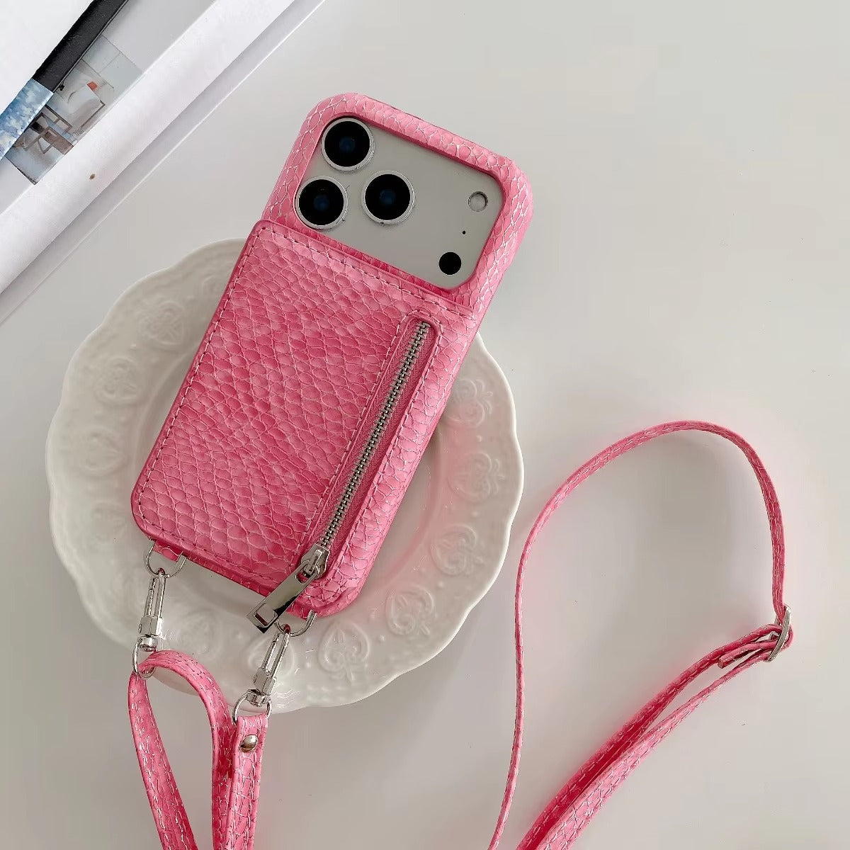 Luxury iPhone Case — Crossbody Makeup-Mirror Wallet Cover with Zipper Card Pocket, Shockproof Non-Slip PU Leather + PC/TPU Design