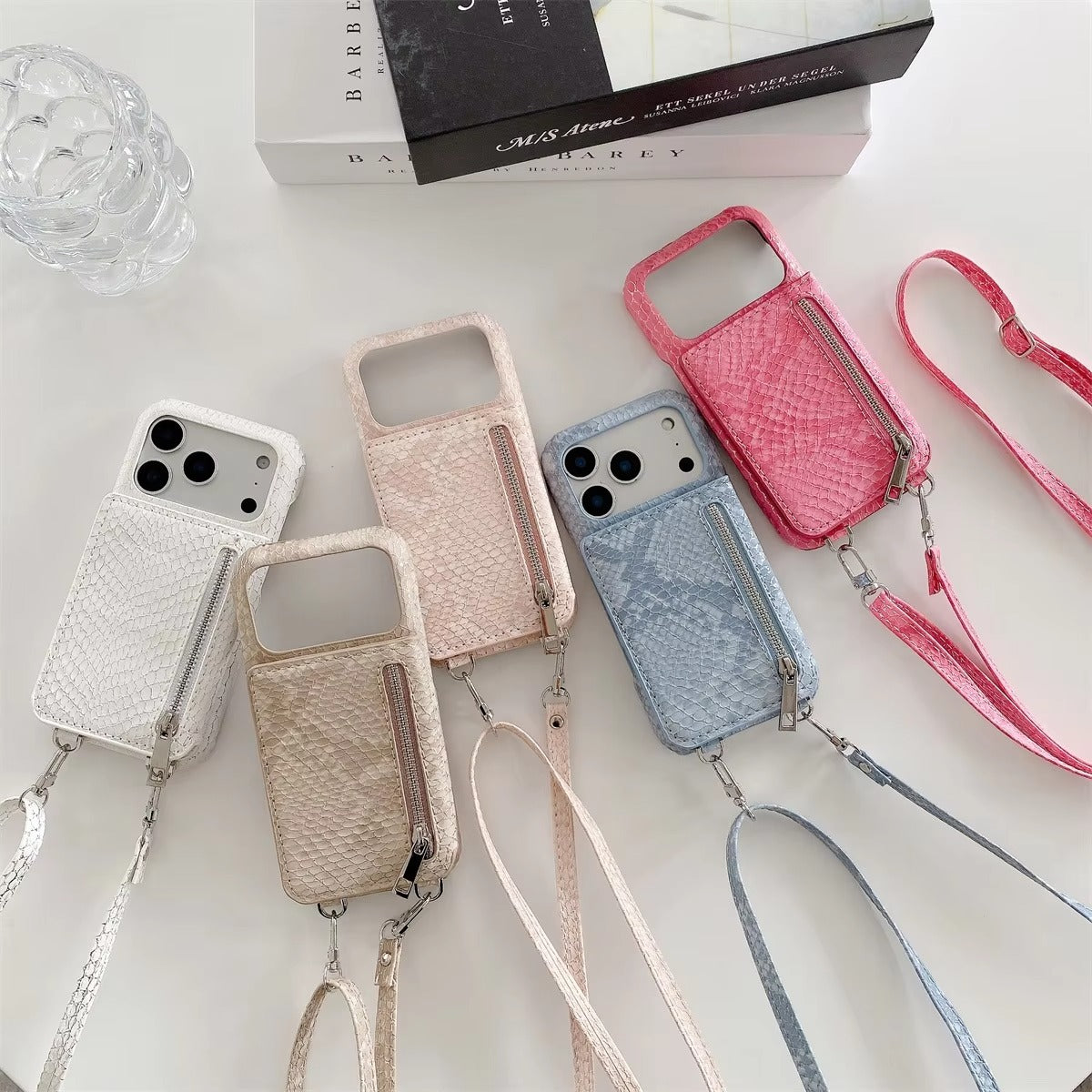 Luxury iPhone Case — Crossbody Makeup-Mirror Wallet Cover with Zipper Card Pocket, Shockproof Non-Slip PU Leather + PC/TPU Design