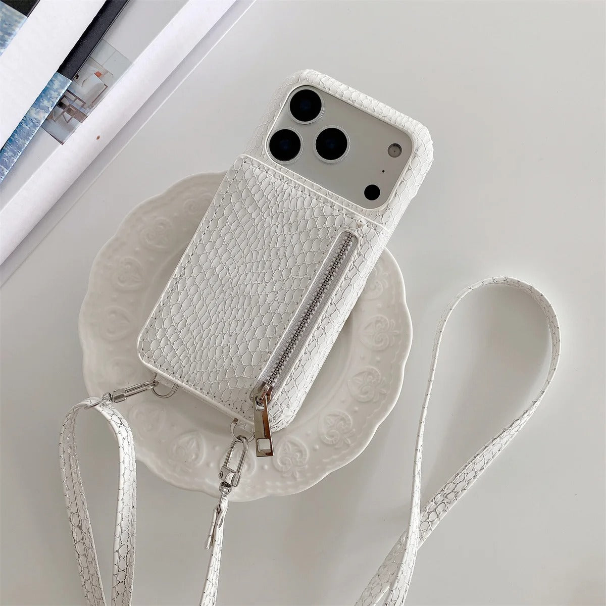 Luxury iPhone Case — Crossbody Makeup-Mirror Wallet Cover with Zipper Card Pocket, Shockproof Non-Slip PU Leather + PC/TPU Design