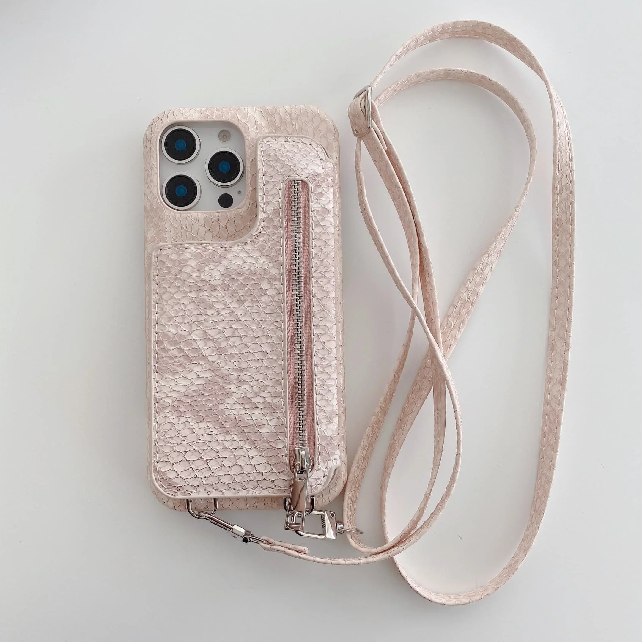 Luxury iPhone Case — Crossbody Makeup-Mirror Wallet Cover with Zipper Card Pocket, Shockproof Non-Slip PU Leather + PC/TPU Design