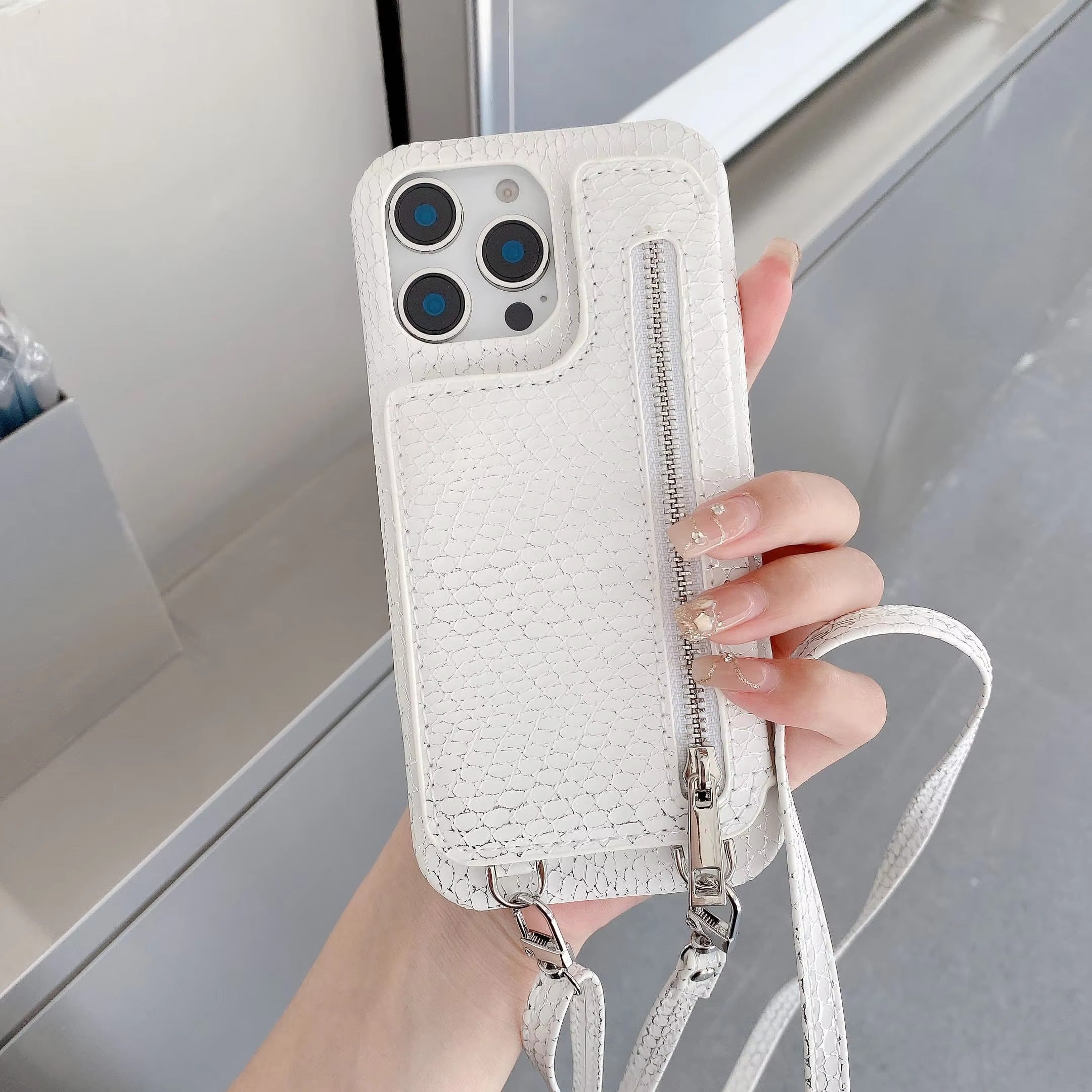 Luxury iPhone Case — Crossbody Makeup-Mirror Wallet Cover with Zipper Card Pocket, Shockproof Non-Slip PU Leather + PC/TPU Design