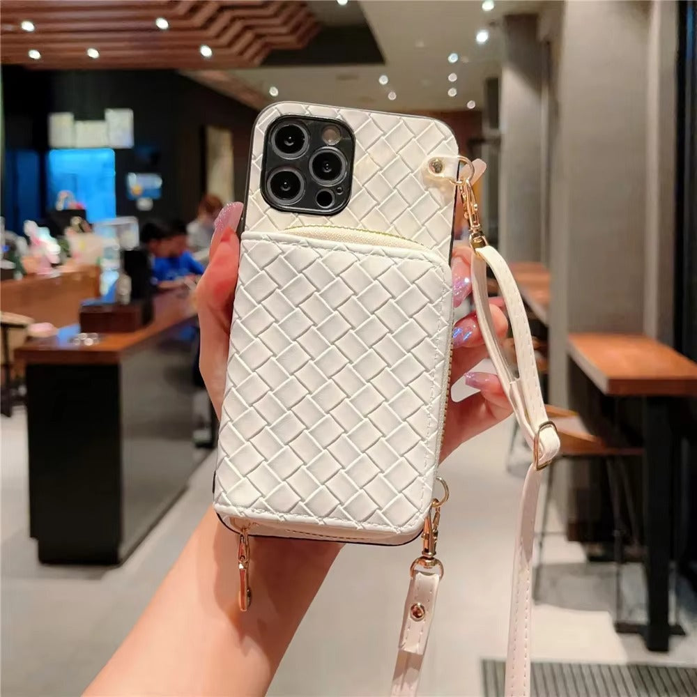 Luxury iPhone Case — Crossbody PU Leather Wallet Cover with Card Holder, Shockproof Non-Slip Design and Long Lanyard Strap