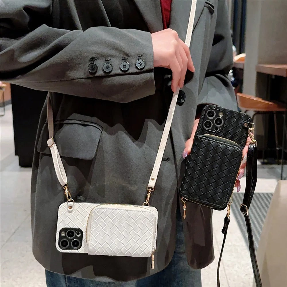 Luxury iPhone Case — Crossbody PU Leather Wallet Cover with Card Holder, Shockproof Non-Slip Design and Long Lanyard Strap