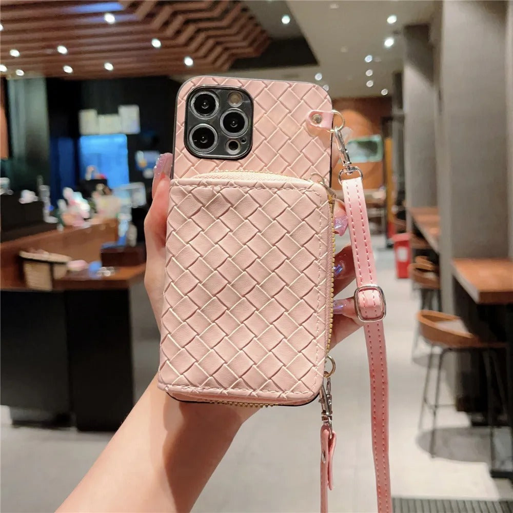 Luxury iPhone Case — Crossbody PU Leather Wallet Cover with Card Holder, Shockproof Non-Slip Design and Long Lanyard Strap