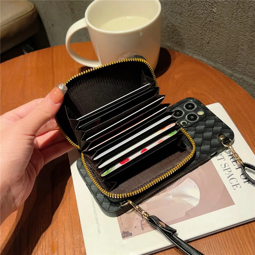 Luxury iPhone Case — Crossbody PU Leather Wallet Cover with Card Holder, Shockproof Non-Slip Design and Long Lanyard Strap