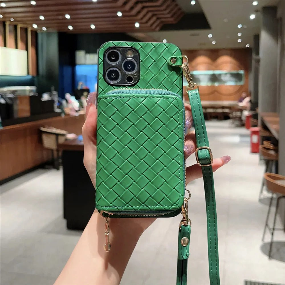 Luxury iPhone Case — Crossbody PU Leather Wallet Cover with Card Holder, Shockproof Non-Slip Design and Long Lanyard Strap