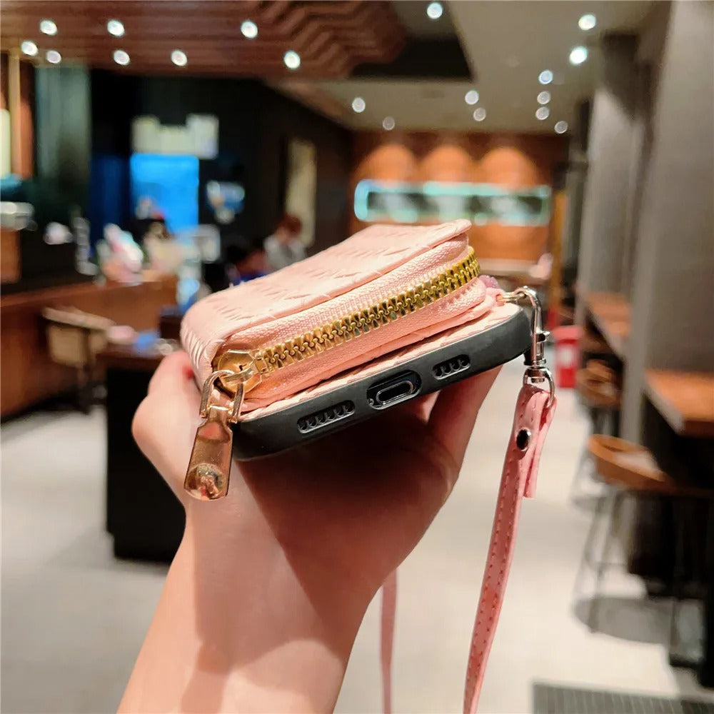 Luxury iPhone Case — Crossbody PU Leather Wallet Cover with Card Holder, Shockproof Non-Slip Design and Long Lanyard Strap