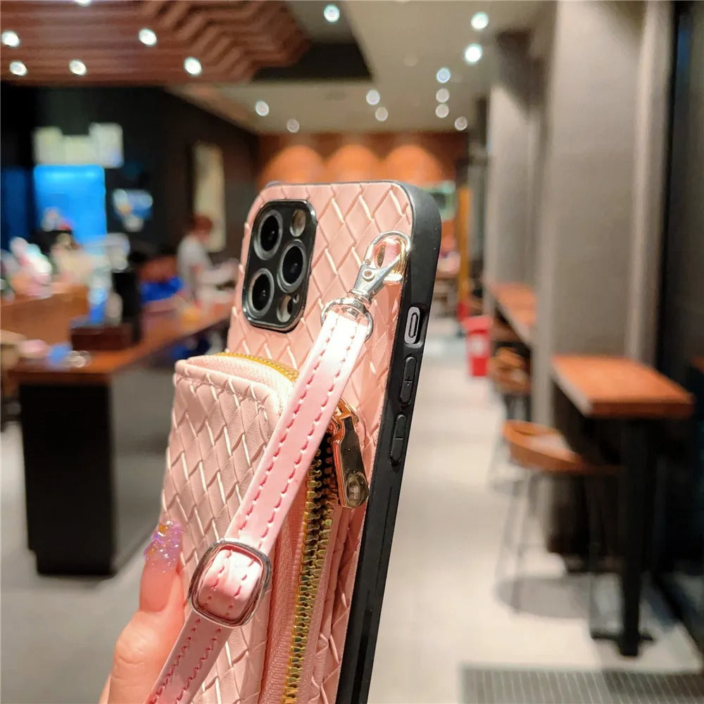 Luxury iPhone Case — Crossbody PU Leather Wallet Cover with Card Holder, Shockproof Non-Slip Design and Long Lanyard Strap