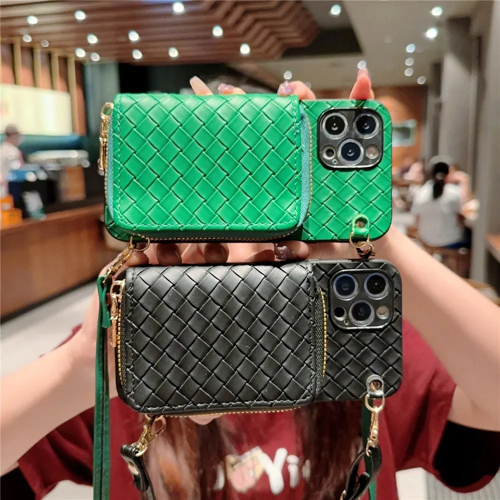 Luxury iPhone Case — Crossbody PU Leather Wallet Cover with Card Holder, Shockproof Non-Slip Design and Long Lanyard Strap