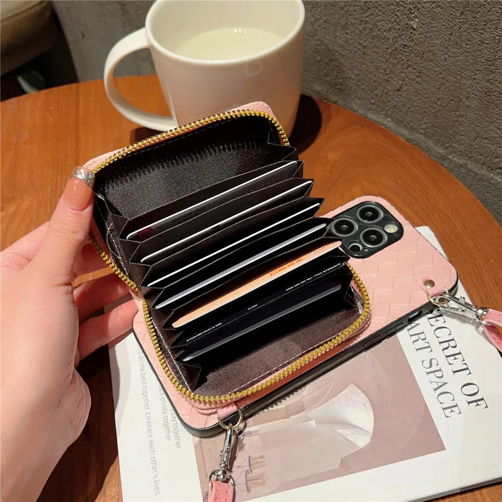 Luxury iPhone Case — Crossbody PU Leather Wallet Cover with Card Holder, Shockproof Non-Slip Design and Long Lanyard Strap